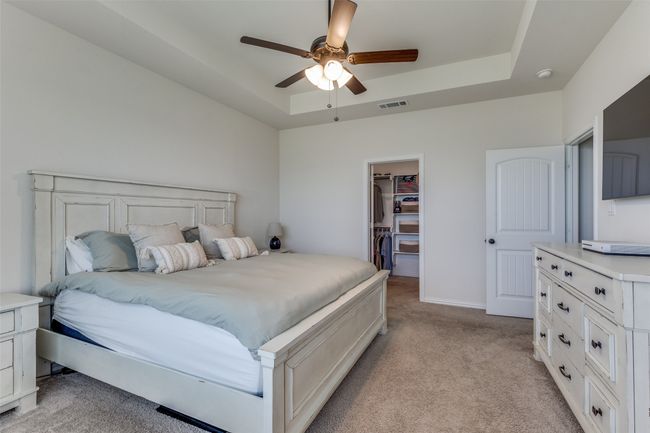 Bedroom with a tray ceiling, light carpet, a walk in closet, ceiling fan, and a closet | Image 16