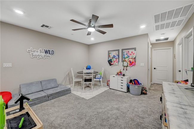 Rec room featuring carpet flooring, a ceiling fan, and recessed lighting | Image 35