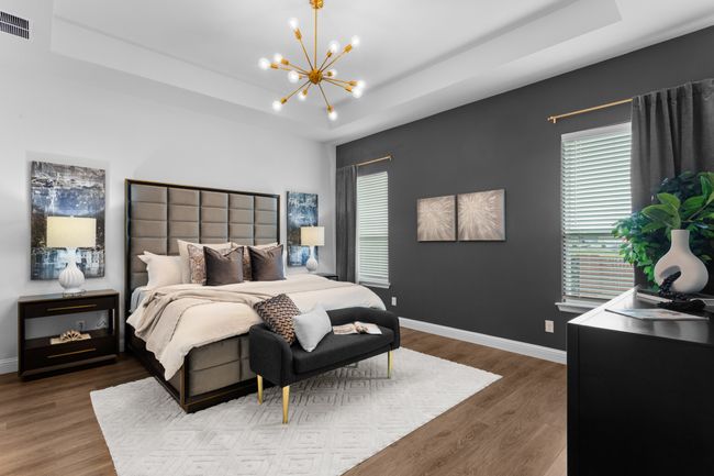Enter your primary suite! Very large, with sleek accent wall, tray ceiling and chandelier. | Image 25