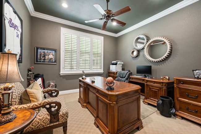 Office area featuring ceiling fan, crown molding, patterned carpet, and recessed lighting | Image 21