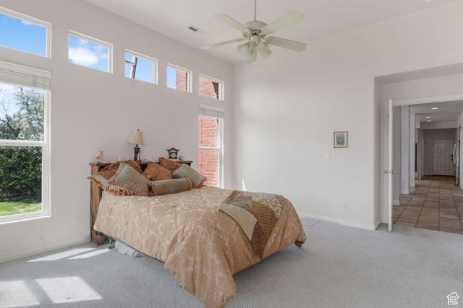 Carpeted bedroom featuring visible vents, ceiling fan, multiple windows, and baseboards | Image 8