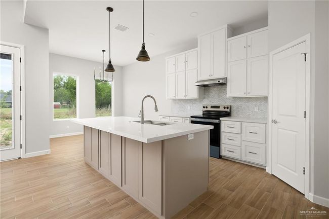 Kitchen featuring stainless steel electric range oven, tasteful backsplash, a sink, under cabinet range hood, and light wood-style flooring | Image 6