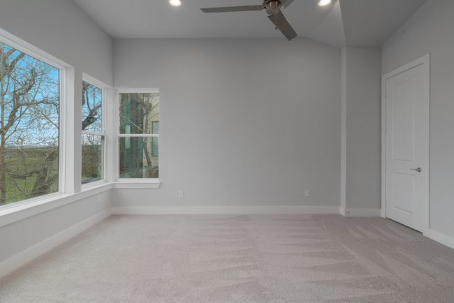 Empty room with recessed lighting, carpet floors, baseboards, and ceiling fan | Image 29