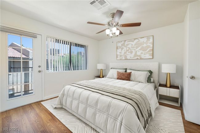 Virtual Staging Bedroom with access to exterior, wood finished floors, and a ceiling fan | Image 8