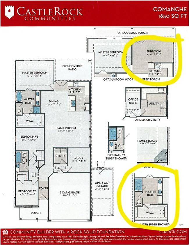 Floor plan showing super shower in primary bedroom and added sunroom, which brings the home to 2014 sq ft. | Image 5