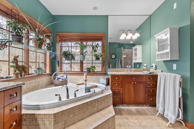 Larger tub with jets and view to the woods. | Image 27