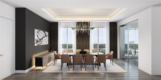 The stunning dining room is enhanced by LED lighting that beautifully illuminates the space, featuring expansive windows that invite an abundance of natural light. Conveniently located near the outdoor living area, it offers an ideal setting for both intimate gatherings and entertaining on a larger scale. | Image 7