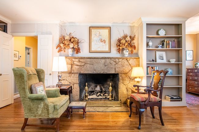 Handsome Stone Fireplace with Gas Logs and Built-In Shelving beside | Image 17