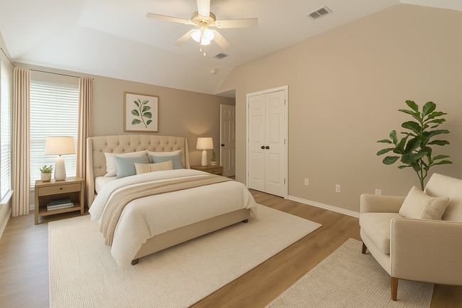 Bedroom featuring baseboards, visible vents, light wood-style floors, lofted ceiling, and a closet | Image 20
