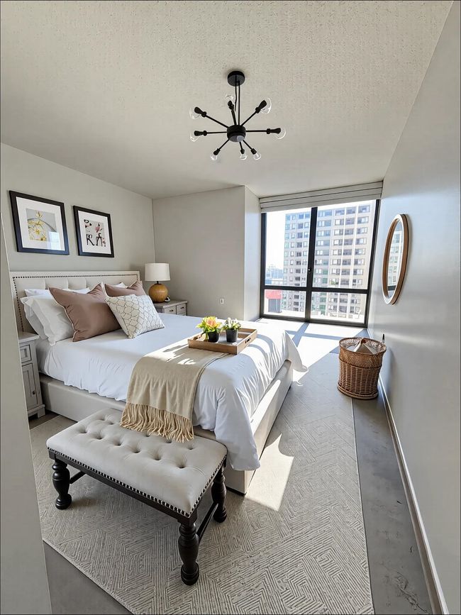 Bedroom featuring a chandelier, a textured ceiling, concrete floors, and baseboards | Image 4