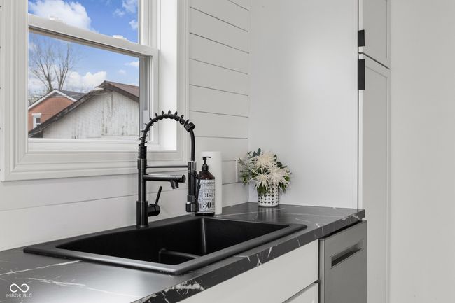 details featuring dishwasher, white cabinetry, a sink, and dark countertops | Image 32