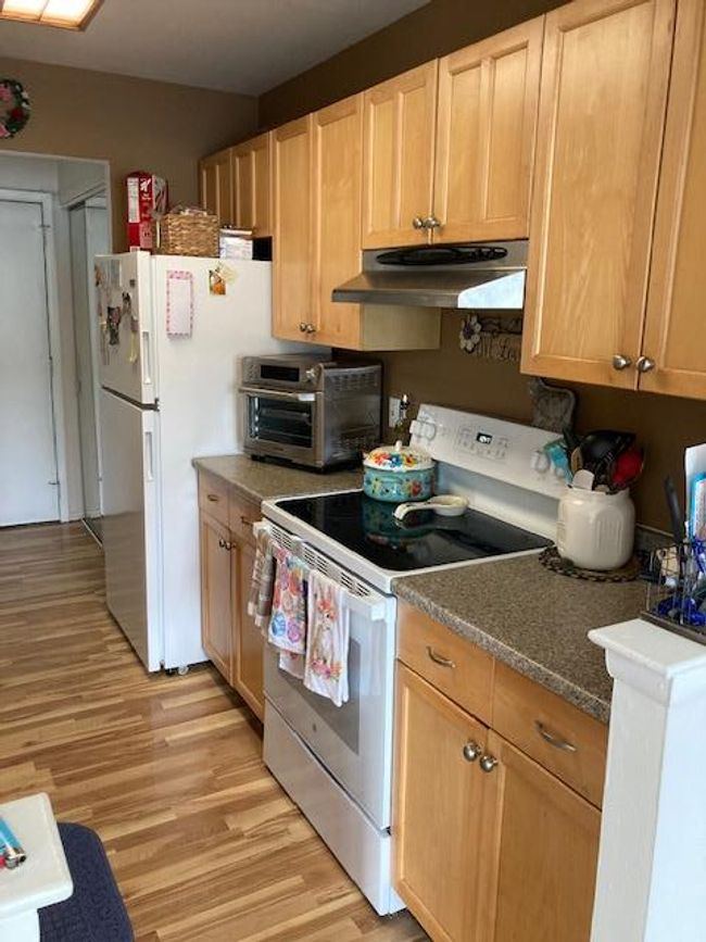 Kitchen with range, exhaust hood, light wood-style floors, fridge, and light brown cabinets | Image 5