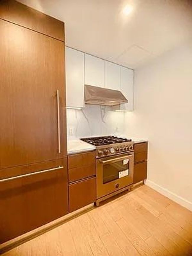 Kitchen featuring high end stainless steel range, under cabinet range hood, light wood finished floors, light countertops, and decorative backsplash | Image 8