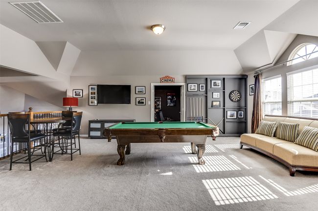 Rec room featuring carpet flooring, lofted ceiling, and billiards | Image 31