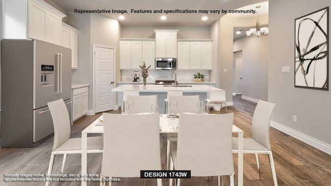 Dining area featuring dark wood-style floors, baseboards, recessed lighting, and a chandelier | Image 4