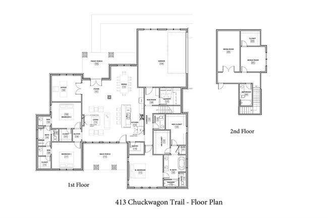 This floor plan features a spacious open-concept layout with three bedrooms and two bathrooms on the first floor, including a master suite with a large closet. The living area connects to a kitchen and dining space. Upstairs, there is a media room, 4th bedroom, and an additional bathroom. The home also includes a front porch, back porch, and a two-car garage. | Image 4
