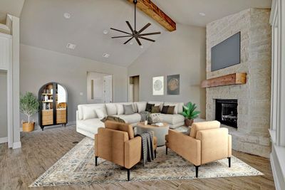 Living room with beamed ceiling, high vaulted ceiling, ceiling fan, a stone fireplace, and hardwood / wood-style flooring | Image 3