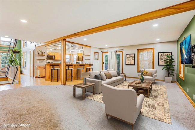 Living room featuring recessed lighting, stairway, and carpet flooring | Image 11