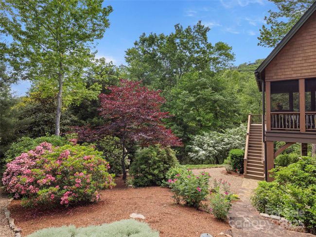 The side yard features varied and lush landscaping, including perennial beds. This area is easily accessed from terrace level or from stairs off the main level deck or down the stone steps from the breezeway (not shown). Pea gravel paths and stone steps guide you around the house and across the generously sized lot. | Image 38