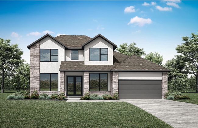 Modern home featuring french doors, stucco siding, an attached garage, driveway, and a front yard | Image 6