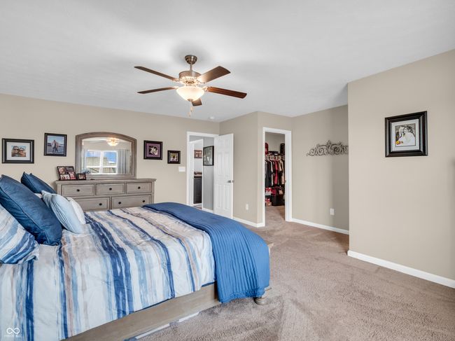 bedroom with a closet, a ceiling fan, a walk in closet, carpet, and baseboards | Image 25