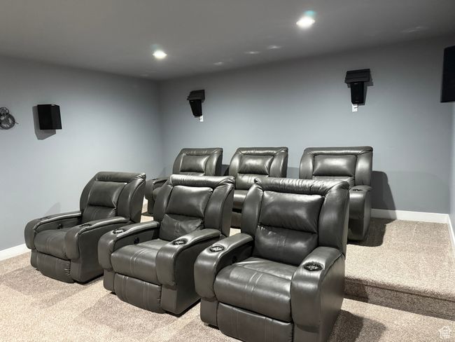 Carpeted home theater room with baseboards and recessed lighting | Image 45