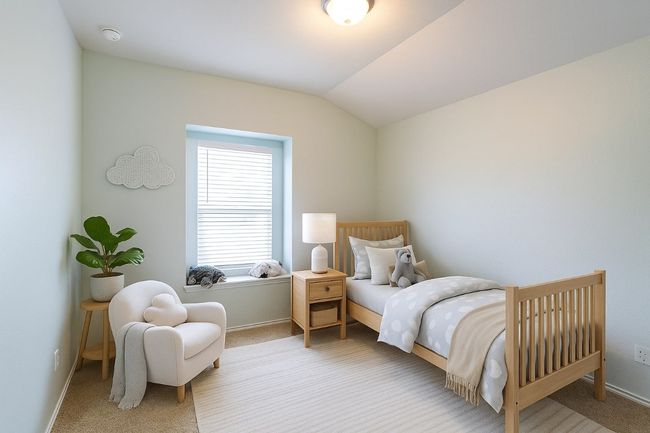 Virtually Staged Bedroom featuring light colored carpet and lofted ceiling | Image 34