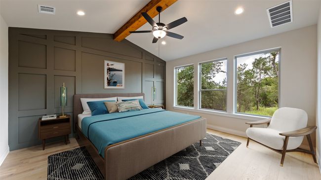 Bedroom with light wood-style flooring, recessed lighting, and a ceiling fan | Image 9