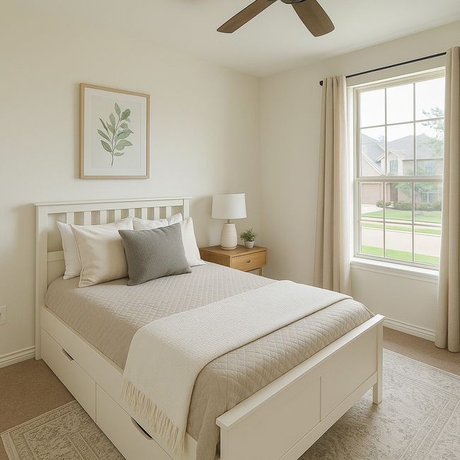 Bedroom with light carpet, baseboards, and a ceiling fan | Image 13