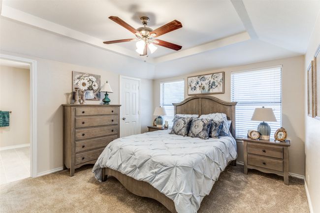 Bedroom featuring a raised ceiling, light colored carpet, ceiling fan, and a closet | Image 18