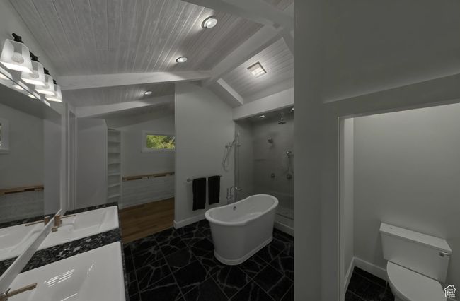 Optional bathroom featuring recessed lighting, toilet, wood ceiling, lofted ceiling with beams, and walk in shower | Image 7