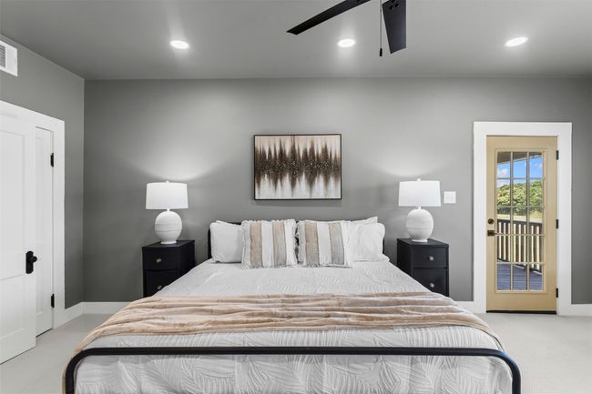 Carpeted bedroom with recessed lighting, access to outside, ceiling fan, and baseboards | Image 24