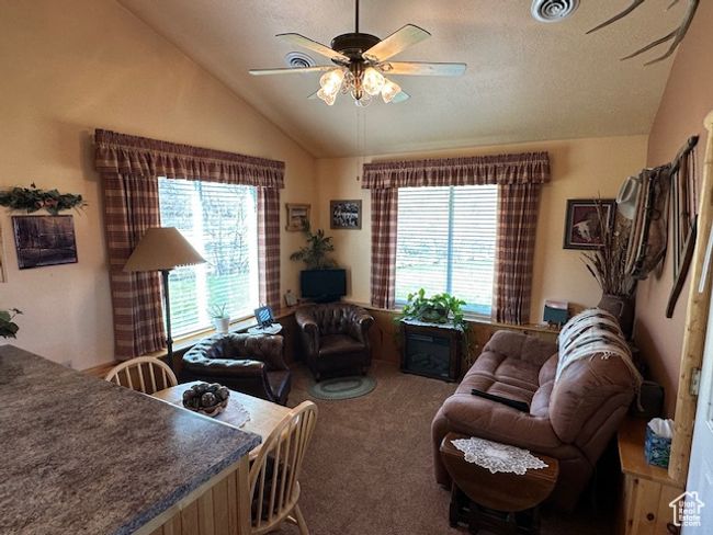 Carpeted living area featuring visible vents, a ceiling fan, plenty of natural light, and vaulted ceiling | Image 9