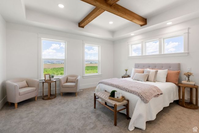 Carpeted bedroom with beamed ceiling, recessed lighting, multiple windows, and baseboards | Image 9