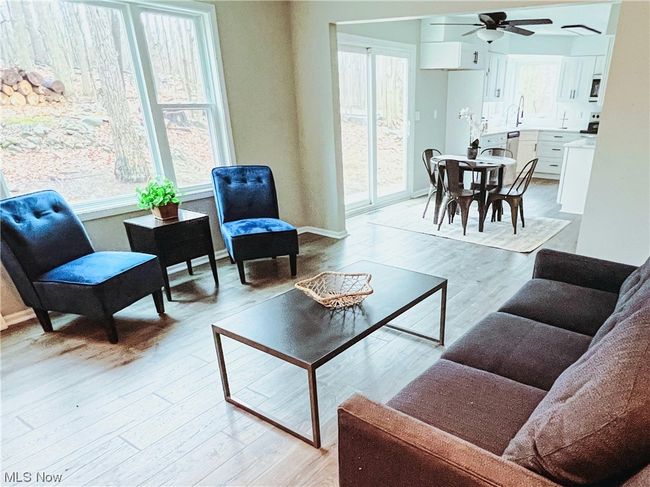 Living room featuring ceiling fan, light wood-type flooring, and sink | Image 11