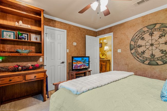 Guest Bedroom with carpet, ceiling fan, and built ins | Image 20