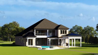 Back of property with a balcony, a swimming pool with hot tub, a patio area, a lawn, and a gazebo | Image 2