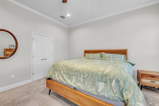 Bedroom featuring carpet, ornamental molding, baseboards, recessed lighting, and ceiling fan | Image 16
