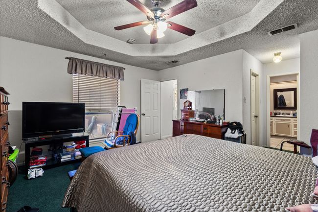 Bedroom featuring carpet, a tray ceiling, visible vents, a textured ceiling, and ceiling fan | Image 18