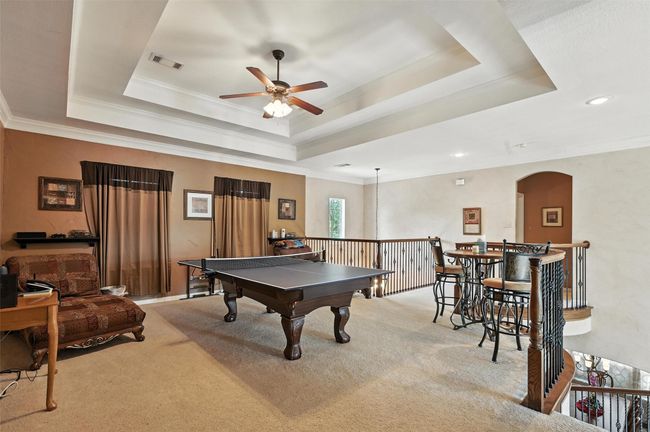 Playroom with a raised ceiling, ceiling fan, light colored carpet, arched walkways, and crown molding | Image 17