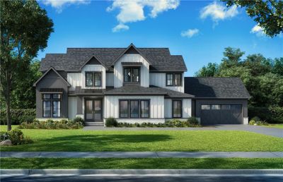 Modern inspired farmhouse elevation w/2-front & 2-side garage | Image 1