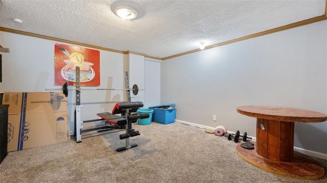 Workout area with ornamental molding, carpet floors, and a textured ceiling | Image 21