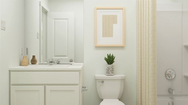 Bathroom featuring vanity and shower / bath combination with curtain | Image 15