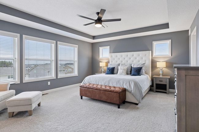Primary bedroom features a tray ceiling, fan with light, tons of windows and 2 walk-in closets | Image 17