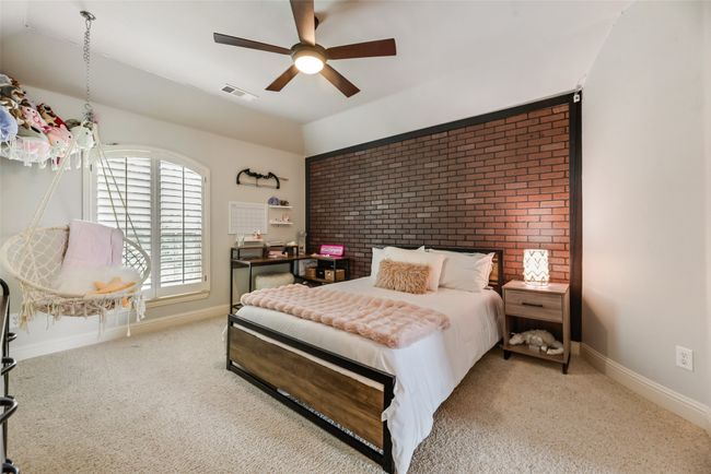 Upstairs bed1 Carpeted bedroom featuring a ceiling fan and lofted ceiling | Image 21
