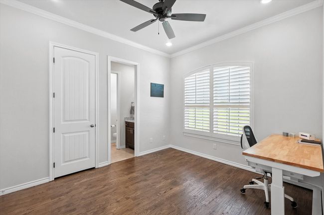Office featuring ceiling fan, wood finished floors, ornamental molding, and recessed lighting | Image 21