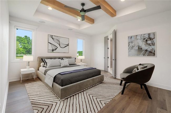 Bedroom with wood finished floors, baseboards, recessed lighting, beamed ceiling, and a ceiling fan | Image 33