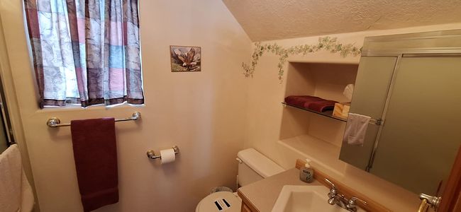 Loft bathroom with toilet, lofted ceiling, a textured ceiling, and a sink | Image 32
