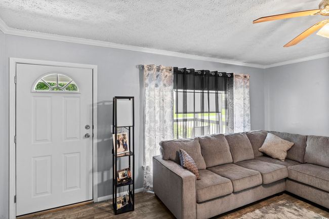 Living area with ceiling fan, dark wood-style flooring, crown molding, and a textured ceiling | Image 29