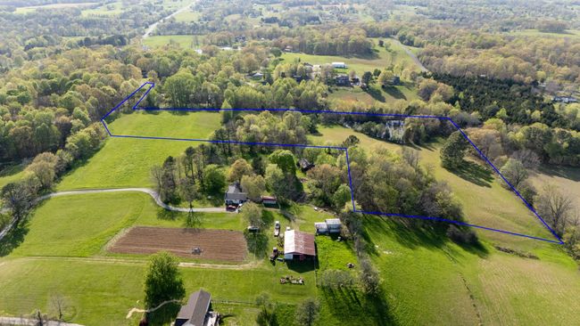Aerial view of property being sold with outline in blue. Pond is on the right in the corner; Frontage to N. Leath is the narrow section on the left through the woods. NOTE: Aerial Views Show Adjoining Properties Not Included in Sale | Image 11